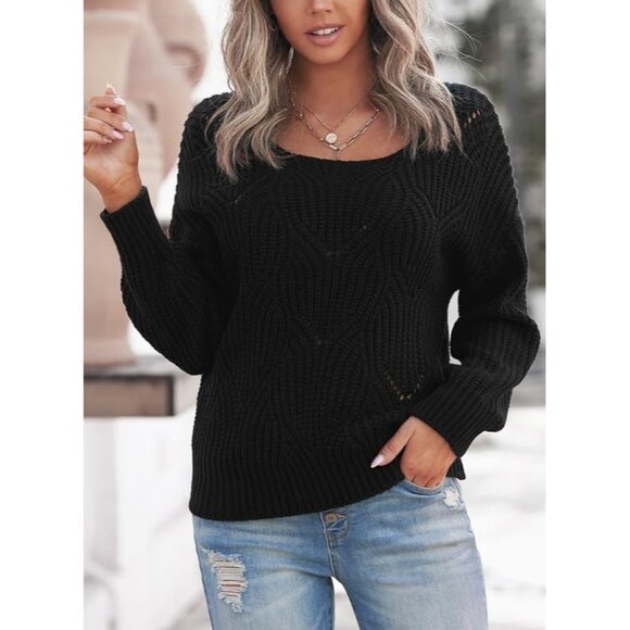 Women's Black Cute Elegant Soft Crew Neck Long Sleeve Knit Pullover Sweaters - Picture 5 of 6